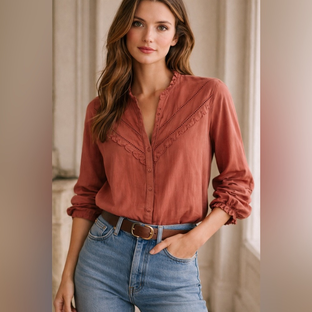 β¨πΏ SΓ©zane Cotton Ruffle Trim Blouse Sizeβ 36 Button Front Boho Top πΏβ¨